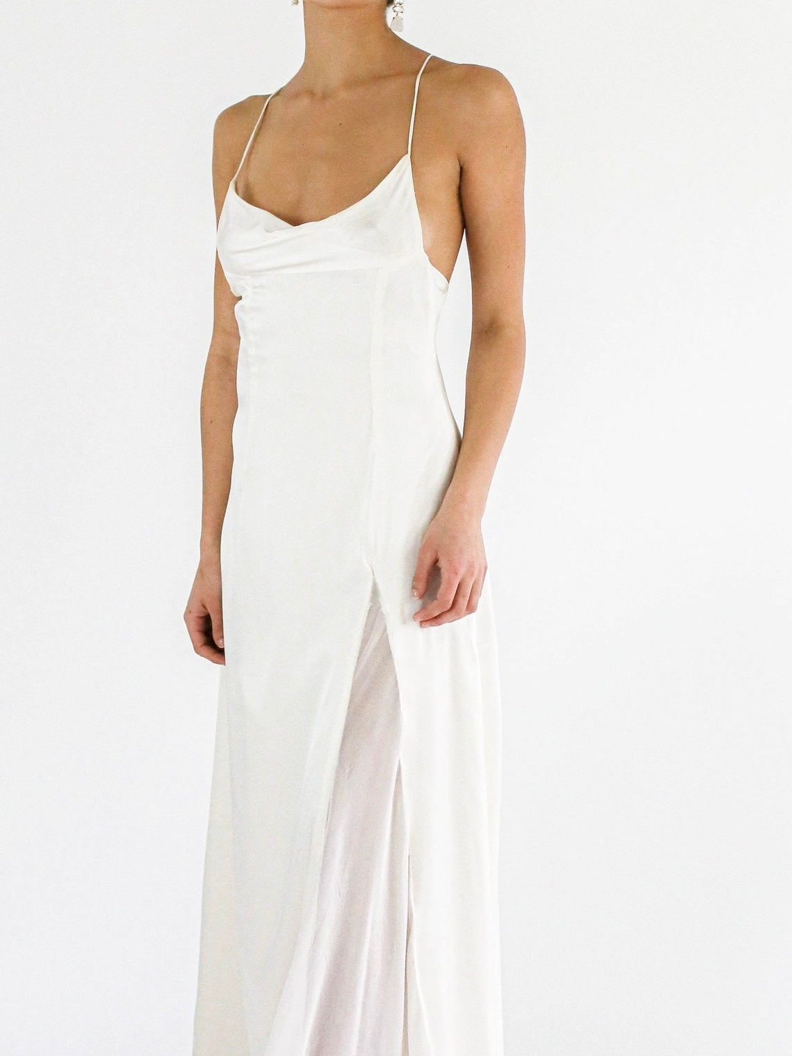 Close view of the front of the Amelia cowl neck wedding dress