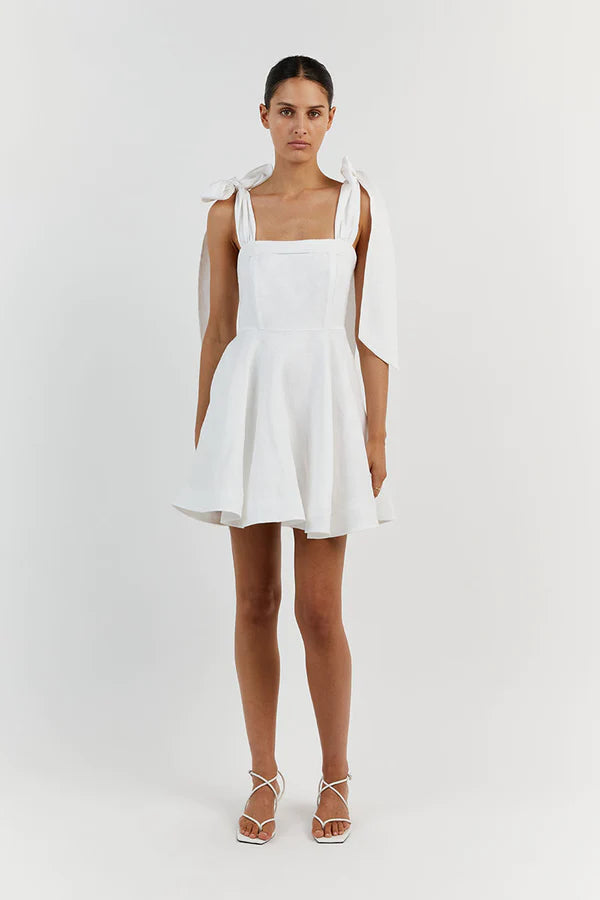 Aisle White Linen Bow Mini Wedding Dress Front View