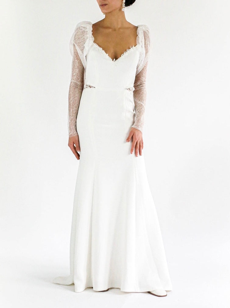 Ada Sheer Puff Sleeve Long Sleeve Lace Wedding Dress Front View