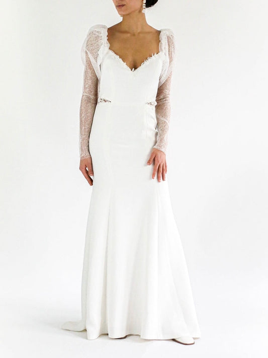 Ada Sheer Puff Sleeve Long Sleeve Lace Wedding Dress Front View