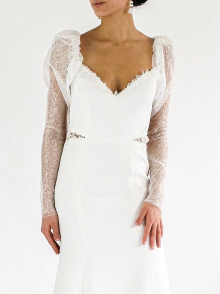 Ada Sheer Puff Sleeve Long Sleeve Lace Wedding Dress Close Front View