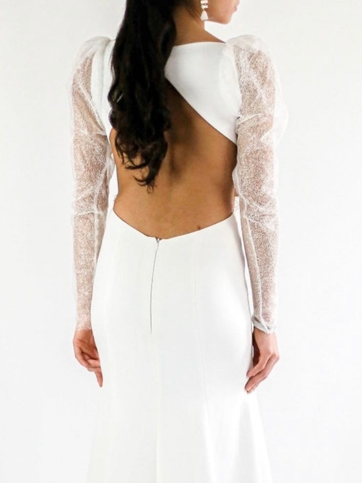 Ada Sheer Puff Sleeve Long Sleeve Lace Wedding Dress Close Back View