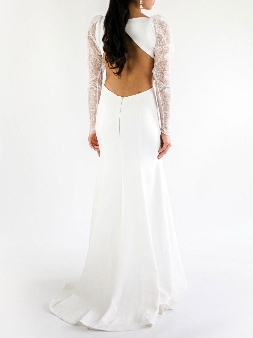 Ada Sheer Puff Sleeve Long Sleeve Lace Wedding Dress Back View