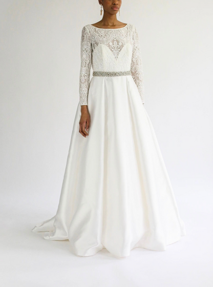 Model Wearing Aurora Crystal Cluster Belt Bridal Accessory with Wedding Dress