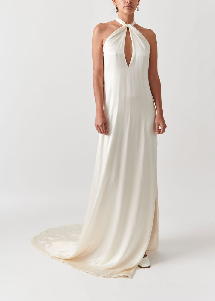 Close View of Athena Retro Silk Wedding Dress