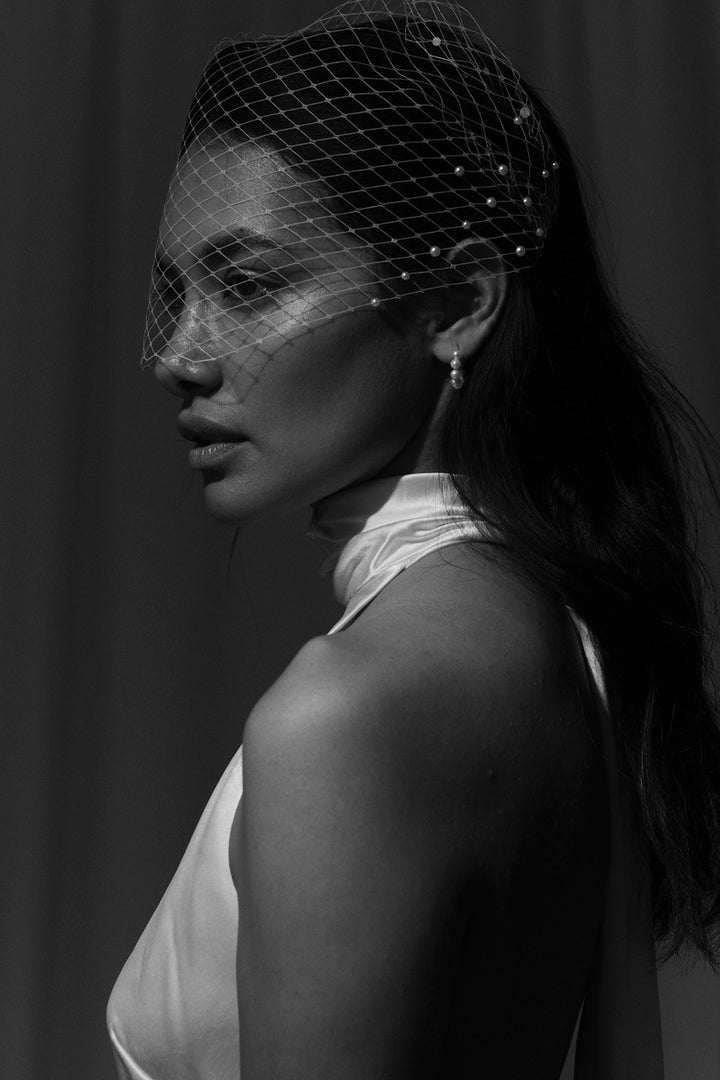 Model Wearing Veil Bridal Accessory