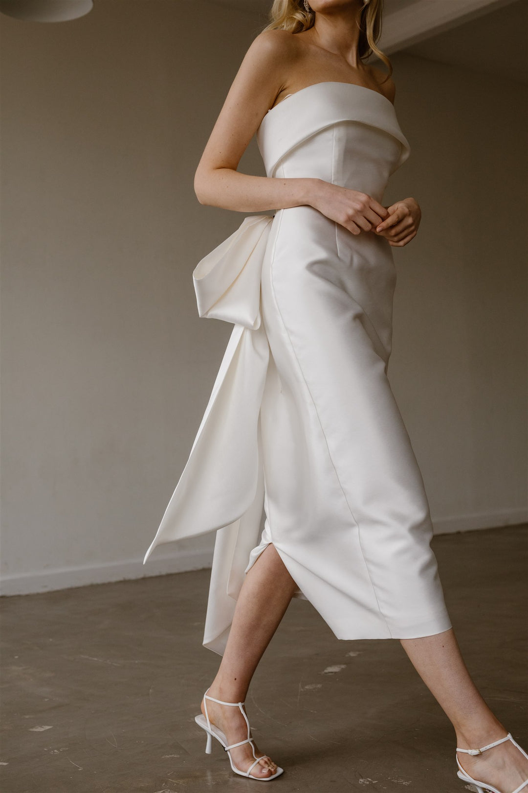 Model Wearing Alexa Bustle Bow Short White Wedding Dress 