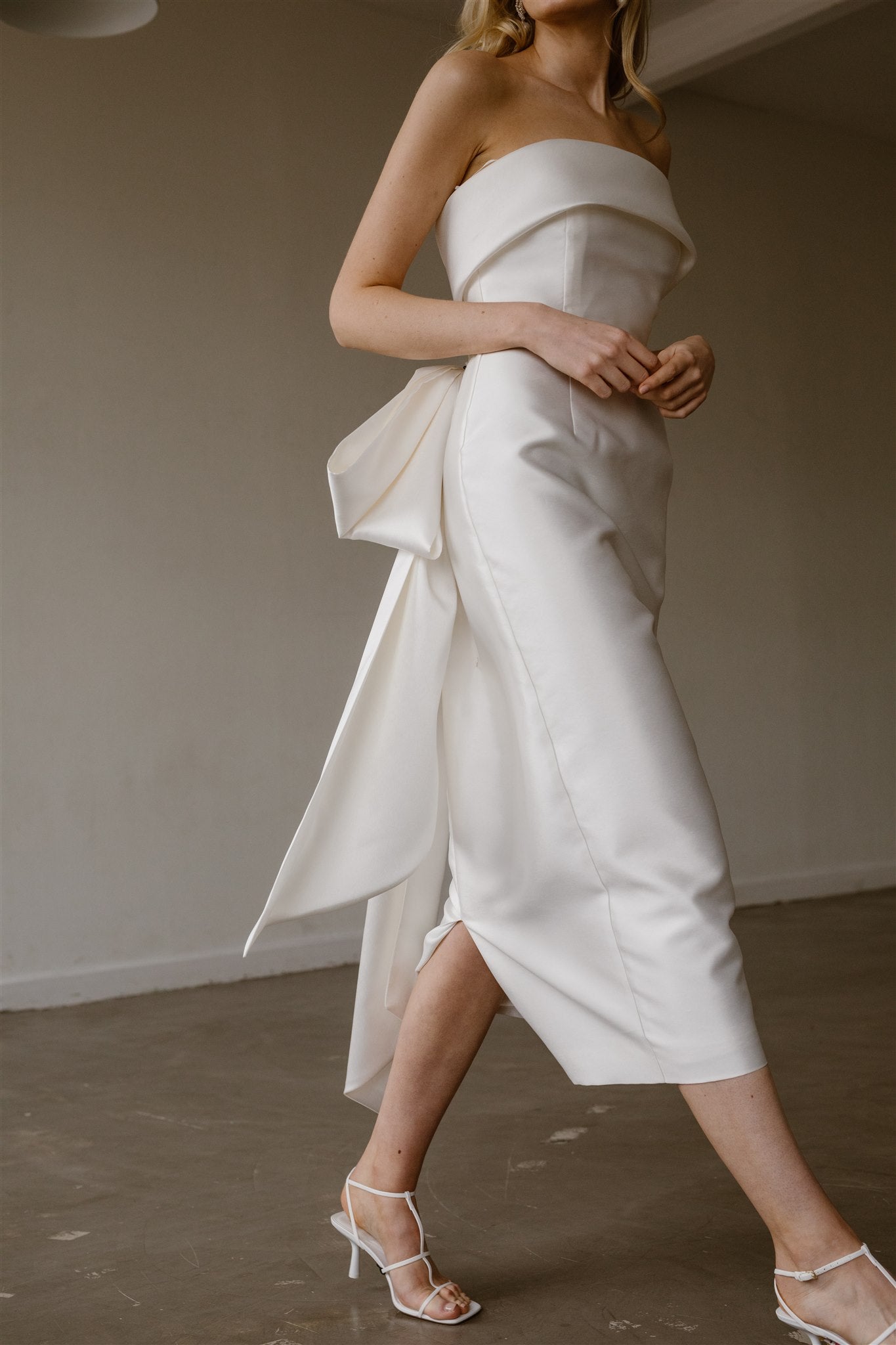 Close View of Model Walking in Alexa Midi Dress