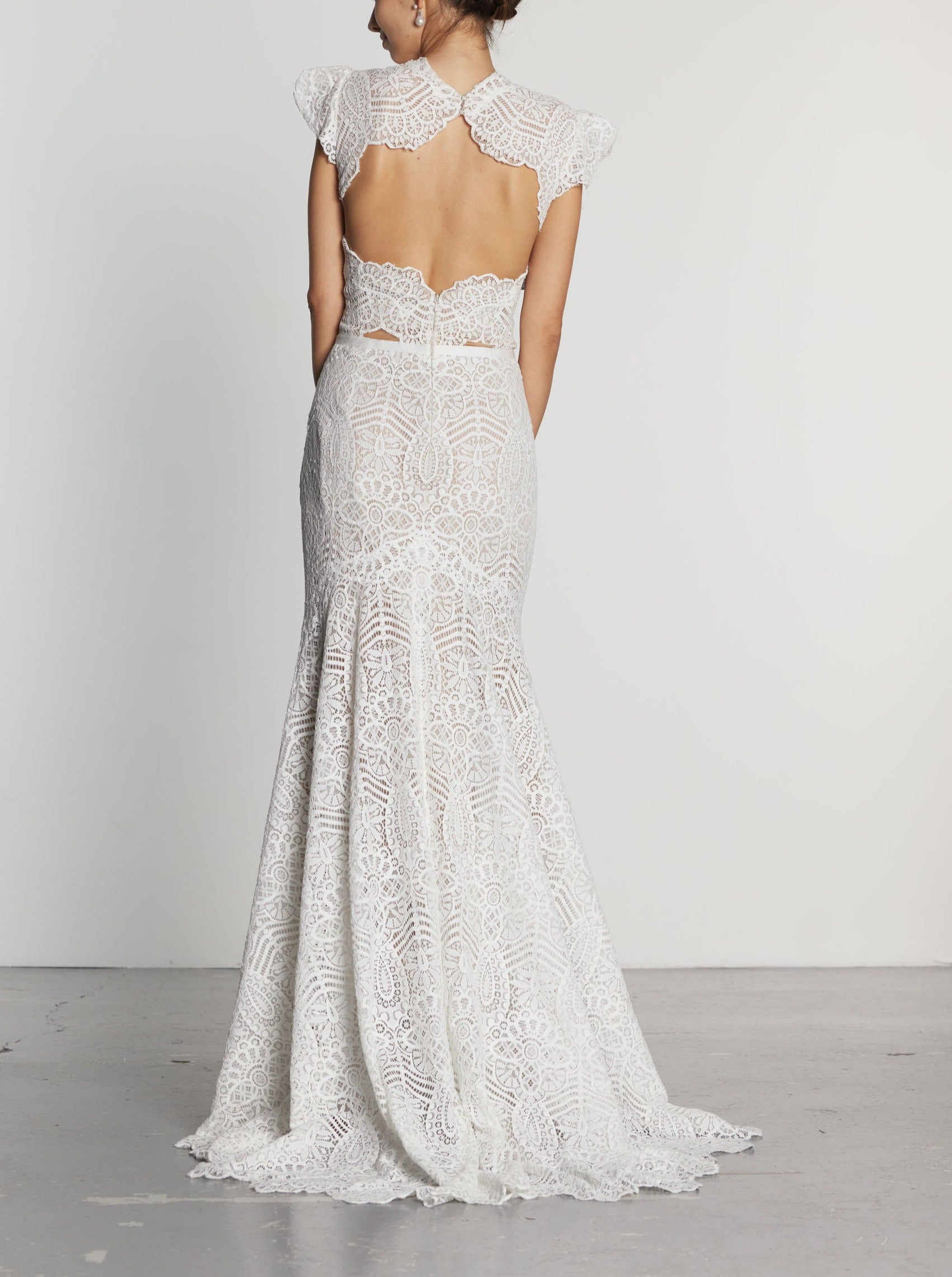 A view of the back of the Cosette Boho Lace Wedding Dress