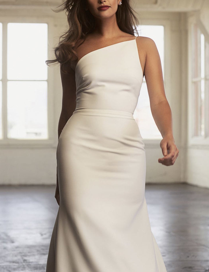A close up of the Cindi Asymmetric One Shoulder Wedding Dress
