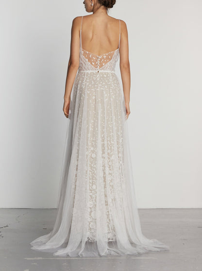 A back view of the Colden Floral Embroidery Lace Wedding Dress