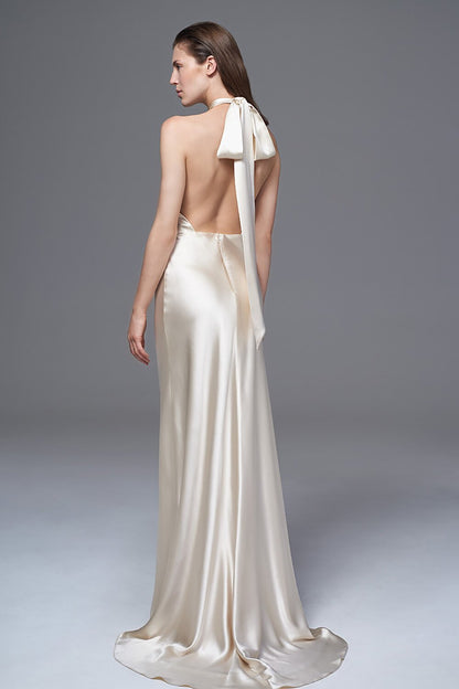 A view of the open back of the Cheryl Silk Wedding Dress